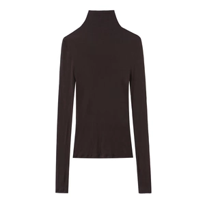 Detail of slim fit high neck long sleeve shirt in coffee brown with soft fabric
