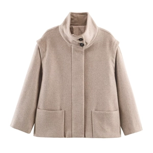 Women's minimalist beige wool-blend short coat with stand collar and large patch pockets