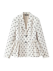Women's white polka dot blazer with notched lapels and peplum hem in a tailored fit