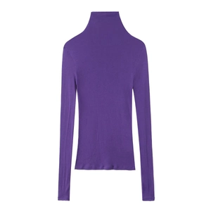 Close-up detail of soft purple fabric and mock turtleneck collar on long sleeve top