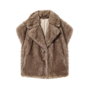 Women's Casual Brown Faux Fur Vest Winter Warm Large Lapel Sleeveless Furry Jacket Oversized Waistcoat Faux Fur Outerwear