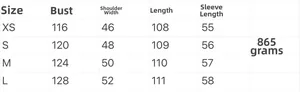 Detailed size chart for long quilted winter hooded coat including chest and length info