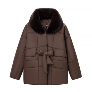 Women's dark brown quilted winter jacket with detachable faux fur collar and waist belt