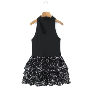 Robe Courte Sans Manches pour Femmes Col Montant Découpé Tricot Patchwork Paillettes Robe de Soirée Sexy Club Bodycon