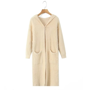 Detail of hooded longline beige knit cardigan showing soft faux mink fur texture and large pockets