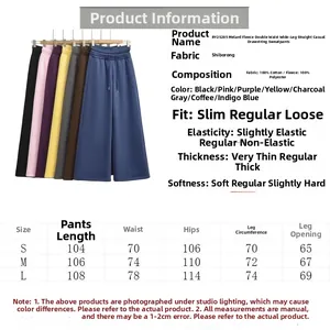 Size chart and fabric details for thick fleece wide-leg sweatpants with drawstring
