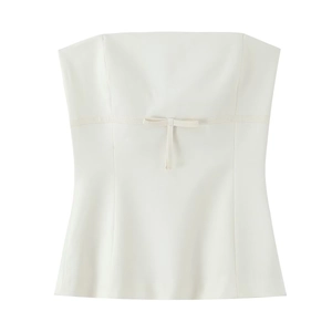 Elegant off-white strapless tube top for women featuring a delicate front ribbon bow tie
