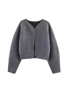 Women's Casual Loose Solid Grey Knit Cardigan Open Front Short Round Neck Long Sleeve Dropped Shoulder Fleece Sweater Jacket