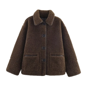 Women reversible fleece jacket in dark brown with button closure and leather piping detail