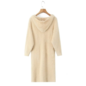 Close-up of cream hooded long sleeve cardigan with fuzzy faux mink fur texture