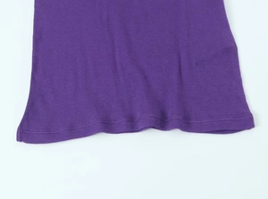 Detail of the high-quality double-needle hem on a dark purple knit cotton top