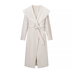 Elegant cream long wool coat with lapel collar and waist tie for women fashion