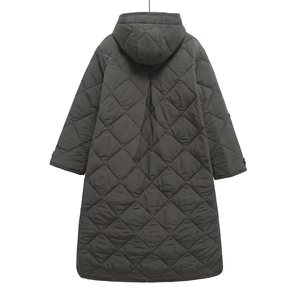 Rear view of long quilted winter coat with hood showing large diamond stitch patterns