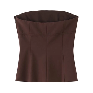 Detail of dark brown tube top showing slim fit seams and side invisible zipper