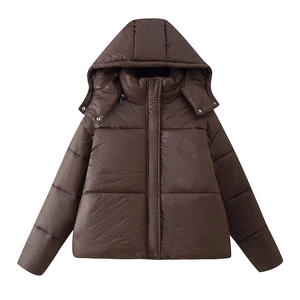 Women Winter Hooded Puffer Jacket Thick Warm Quilted Solid Color Zip Up Long Sleeve Casual Outwear Brown Coat