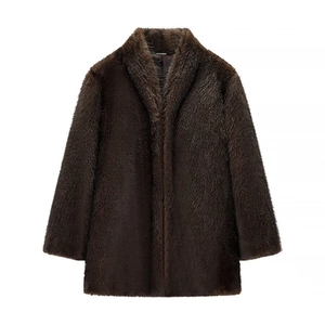 Women's Dark Brown Faux Fur Coat Elegant Mid-Length Shawl Collar Winter Warm Long Sleeve Outwear Jacket Lady Fashion