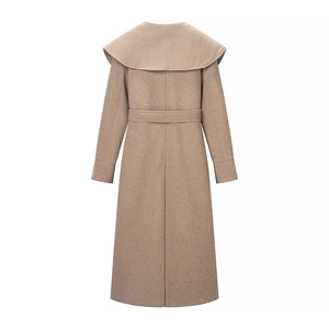 Women's long camel wool coat with waist tie and wide lapel collar shown from the back view