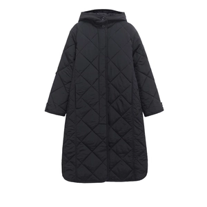 Detail of classic diamond quilted pattern and button closure on long hooded coat