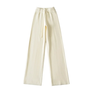 Winter thick knit wide leg pants with high waist drawstring in creamy white color