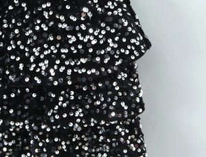 Gros plan des paillettes argentées sur velours noir détaillant la texture de la robe