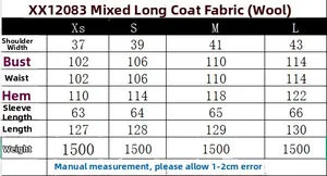 Detailed size chart for the blend wool long coat showing shoulder and chest measurements