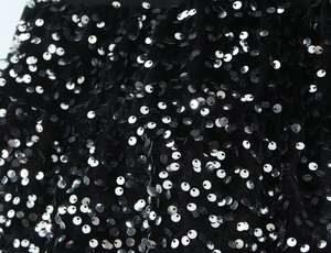 Gros plan de sequins argentés étincelants sur velours noir pour robes de soirée chic