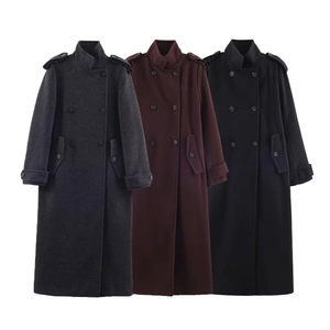 Women Double Breasted Stand Collar Woolen Coat Long Trench Coat With Epaulettes Oversized Autumn Winter Outerwear