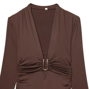 Slim fit dark brown deep V-neck long sleeve bodysuit with golden U-buckle and ruched detail