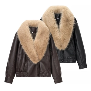 Women's Loose Faux Leather Jacket with Large Faux Fur Collar Double Breasted Streetwear Warm Winter Coat Outerwear