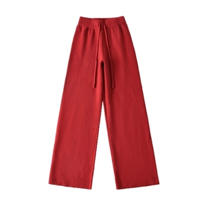 Women's red high waist knitted wide leg pants with drawstring and loose straight fit