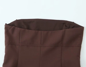 Close-up of the woven brown tube top neckline showing premium stitching details