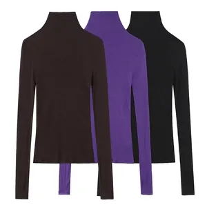 Women High Neck Long Sleeve Solid Color Slim Fit T-Shirt Basic Cotton Blend Base Shirt Autumn Winter Top