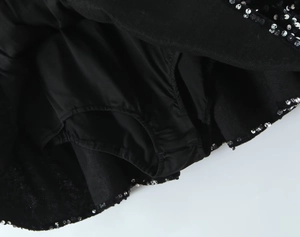Close-up of the black sequined dress featuring a built-in safety lining shorts detail
