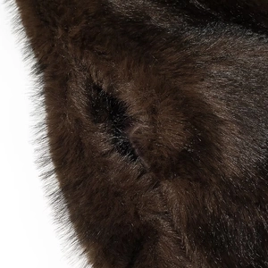 Close-up of the plush dark brown faux fur texture and pocket detail on the winter jacket