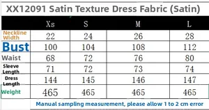 Detailed size chart for V-neck satin scarf dress with dimensions from XS to L