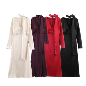Women's Casual V-Neck Long Sleeve Satin Dress With Scarf Solid Color Elegant Patchwork Streetwear Maxi Dress For Party