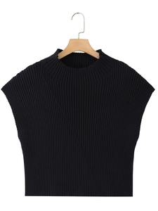 Débardeur en Tricot à Côtes pour Femmes Col Demi-haut Gilet en Tricot Sans Manches Avec Détail de Couture Diagonale Casual