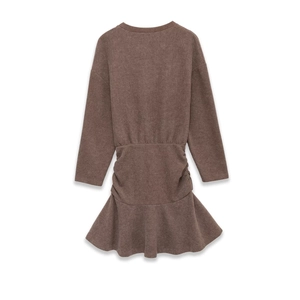 Slim fit long sleeve knit dress for women in dark brown with textured ruffles and round neck