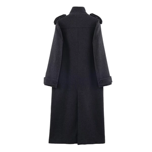 Rear view of charcoal grey wool coat with high collar, shoulder straps and back slit detail