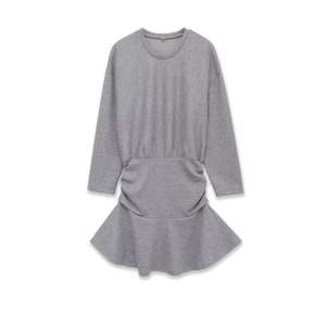 Slim fit gray long sleeve round neck pleated dress with knitted texture and ruffles