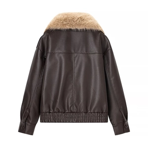 Rear view of a dark brown faux leather jacket with plush beige faux fox fur collar and hem