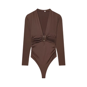 Damen Body Lange Mouwen Diepe V-Hals Geplooid Spandex Elastisch Gouden Gesp Elegant Donkerbruin Tops