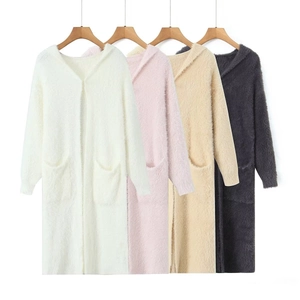 Women's Casual Long Hooded Knit Cardigan Jacket Faux Mink Fur Plush Open Front Sweater With Pockets Loose Winter Coat