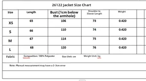 Size guide table for casual long sleeve jacket set with detailed measurements and fabric info
