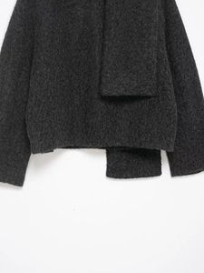 Macro view of dark grey mohair wool coat showing plush texture and scarf detail