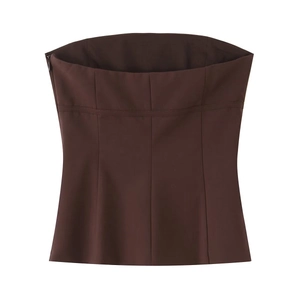 Dark brown tube top with structured corset seams and side zipper on white background