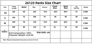 Size chart for women's casual trousers set with detailed measurements in centimeters