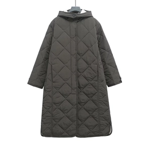 Long dark grey-green quilted hooded coat for women with classic diamond stitching