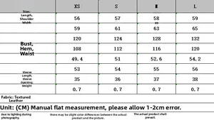 Size chart table for women street fashion cropped faux leather jacket with detailed dimensions