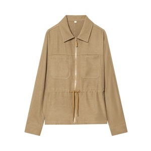 Women's casual khaki zip-up jacket with pockets and drawstring waist on white background